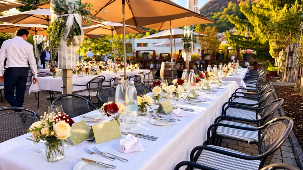 Festlich gedeckte Hochzeitstafel auf der Terrasse des Gasthofs Kreuz Egerkingen